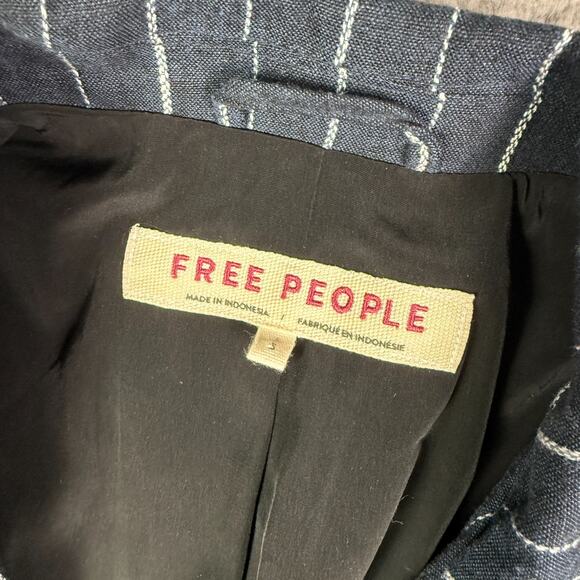 Free People Ashby Blazer Womens S Navy Blue Pinstriped Linen Double Breasted - Picture 3 of 12